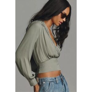 By Anthropologie tie waist blouse moss green shirred waist deep v long sleeve